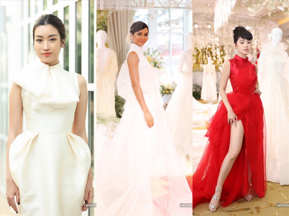 Hoa hậu H'hen Niê nổi bật với bộ trang phục phá cách, lấy cảm hứng từ mẫu váy cưới trắng, tôn làn da nâu khỏe khoắn gắn liền với hình ảnh của cô. Á hậu Jolie Nguyễn (phải) chọ váy xẻ cao để khoe đôi chân dài thon thả. Với Hoa hậu Đỗ Mỹ Linh (trái) lại khoe nét sang trọng và quyến rũ với kiểu váy phồng hông.