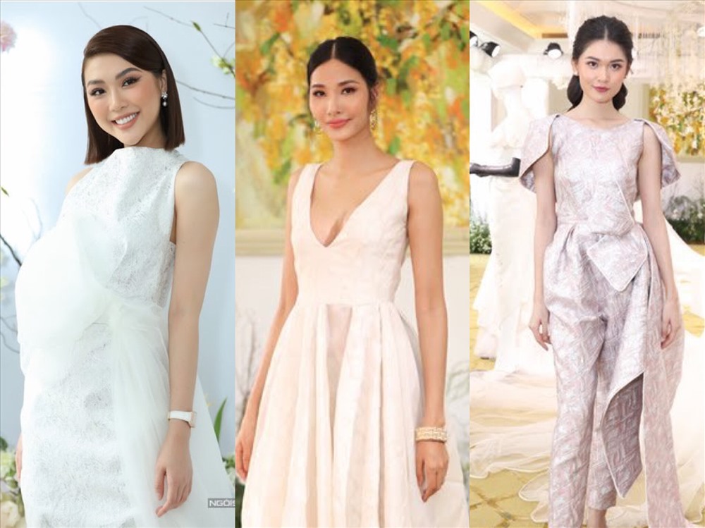 Á hậu Thùy Dung (phải) chọn jumpsuit được biến tấu độc đáo để mang tới sự mới mẻ cho phong cách thời trang thảm đỏ của cô. Á hậu Hoàng Thùy (giữa) gợi cảm cùng mẫu váy dạ hội đi kèm chi tiết xẻ ngực sâu. Tường Linh (trái) chọn mẫu váy cưới vừa được ra mắt, thu hút không kém dàn mỹ nhân Việt.