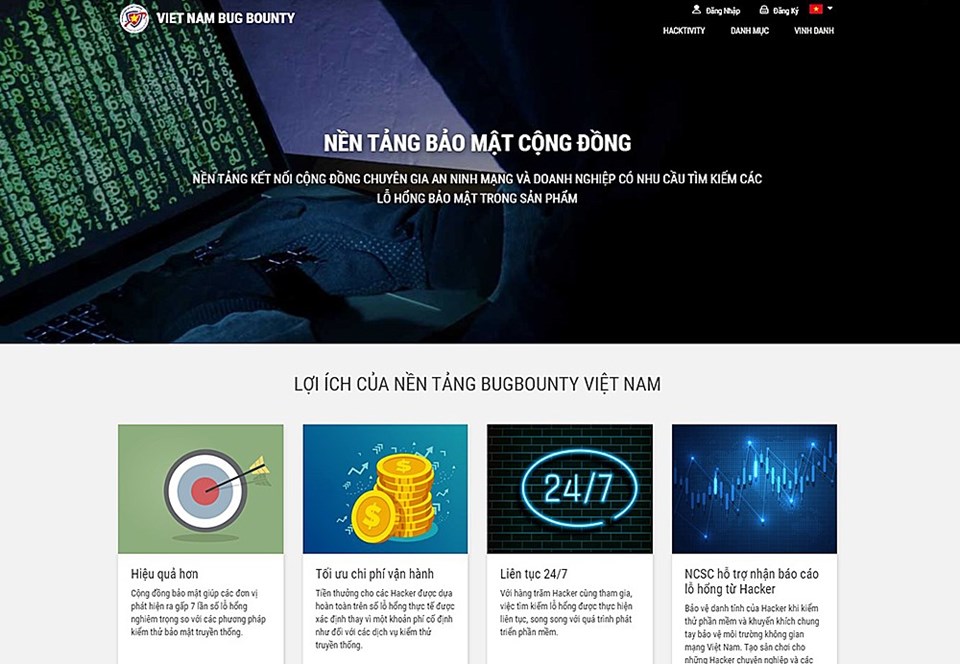 Giao diện trang chủ nền tảng kết nối Vietnam Bug Bounty. Giao diện trang chủ nền tảng kết nối Vietnam Bug Bounty.
