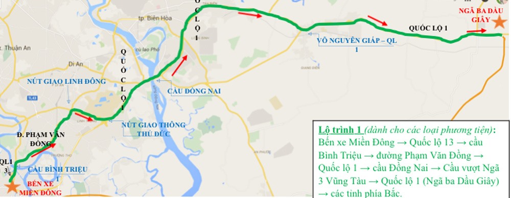 Từ TP HCM về các tỉnh phía Bắc có 3 lộ trình, lộ trình một (dành cho tất các loại phương tiện): Bến xe Miền Đông - Quốc lộ 13 - cầu Bình Triệu - đường Phạm Văn Đồng - Quốc lộ 1 - cầu Đồng Nai - Cầu vượt Ngã 3 Vũng Tàu - Quốc lộ 1 (Ngã ba Dầu Giây) - các tỉnh phía Bắc.