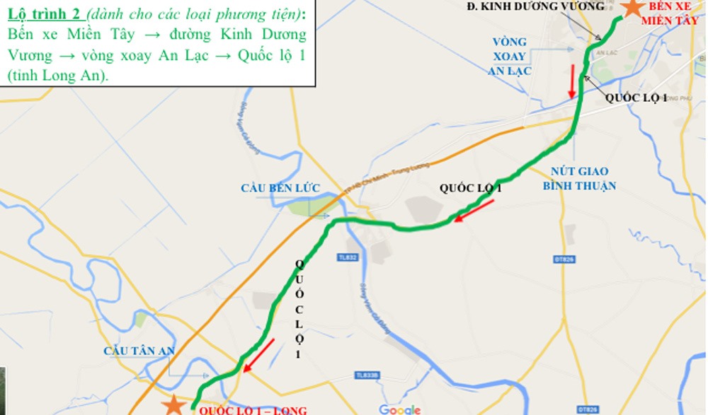 Lộ trình 2: Bến xe Miền Tây - đường Kinh Dương Vương - vòng xoay An Lạc - Quốc lộ 1 (tỉnh Long An).