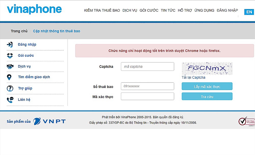 Đăng kí thông tin và bổ sung ảnh qua kênh online của VinaPhone.