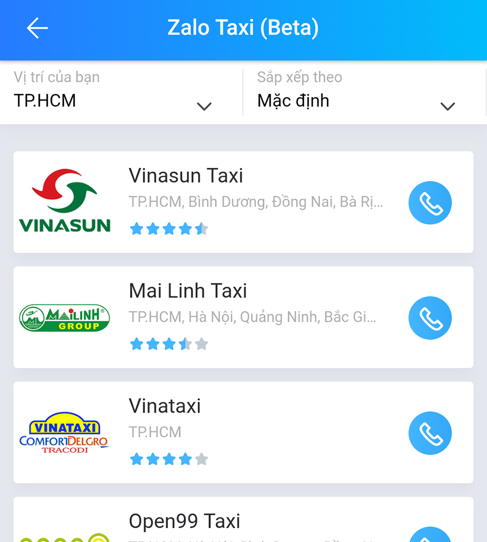 Zalo cũng kết nối cuộc gọi đến các hãng taxi.