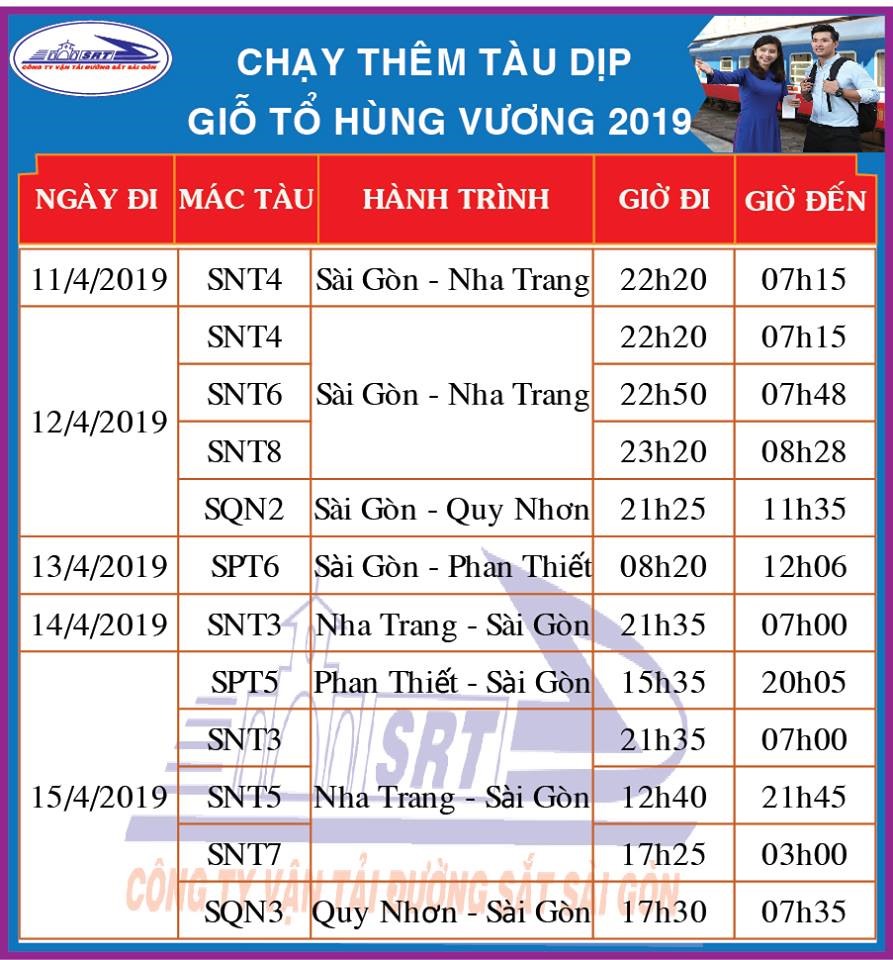 Bảng giờ tàu dịp lễ Giổ tổ Hùng Vương